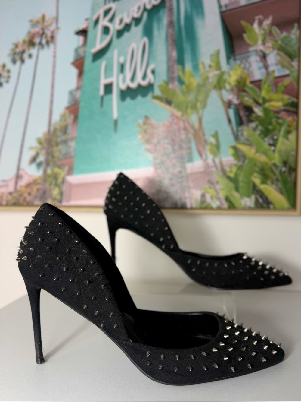Steve Madden Testy Black Faux Suede Spike Stud Pointed Toe Pumps 4" Size 11M